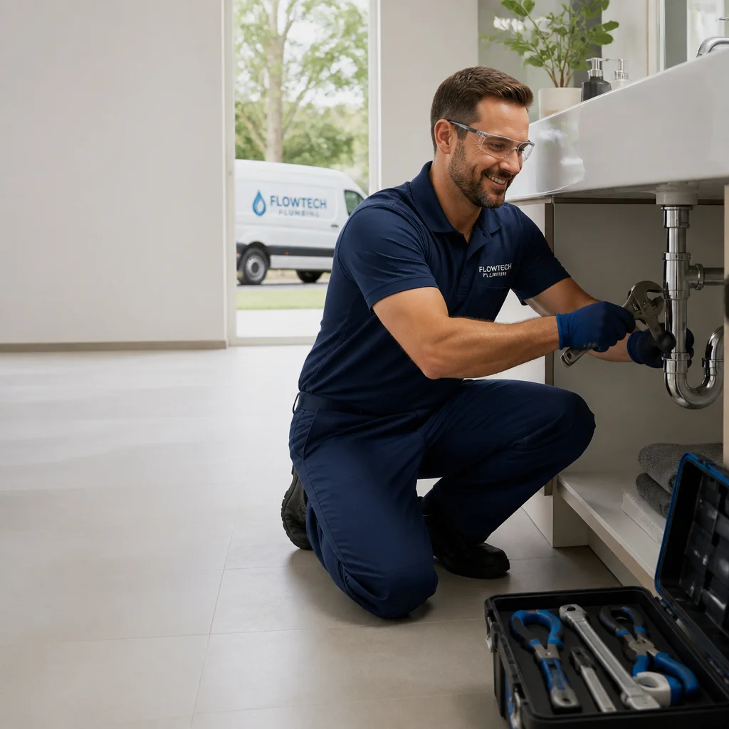 Técnico de PipeExpert realizando reparación de tubería con equipo profesional